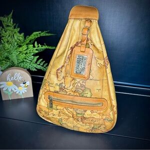 Vintage Alviero Martini 1A Classe Geo Map Coated Canvas Leather Sling Backpack